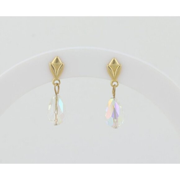 14k Yellow Gold Crystal Dangle Drop Earrings 3/4" x 1/4" - Picture 1 of 6